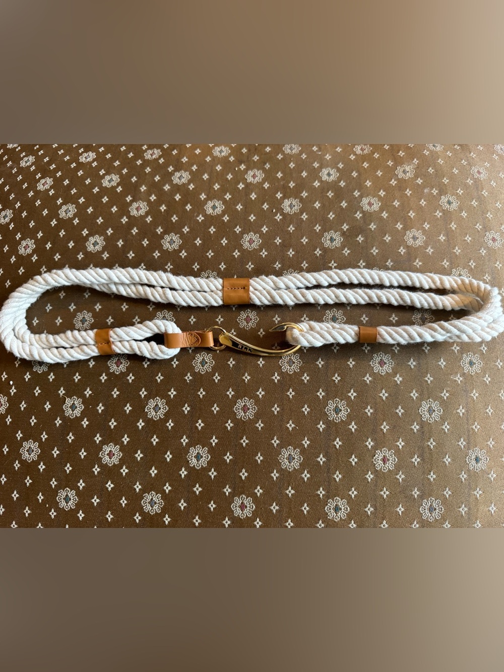 Ralph Lauren White Braided Rope Belt with Rich Tan Leather and Gold Brass Hook